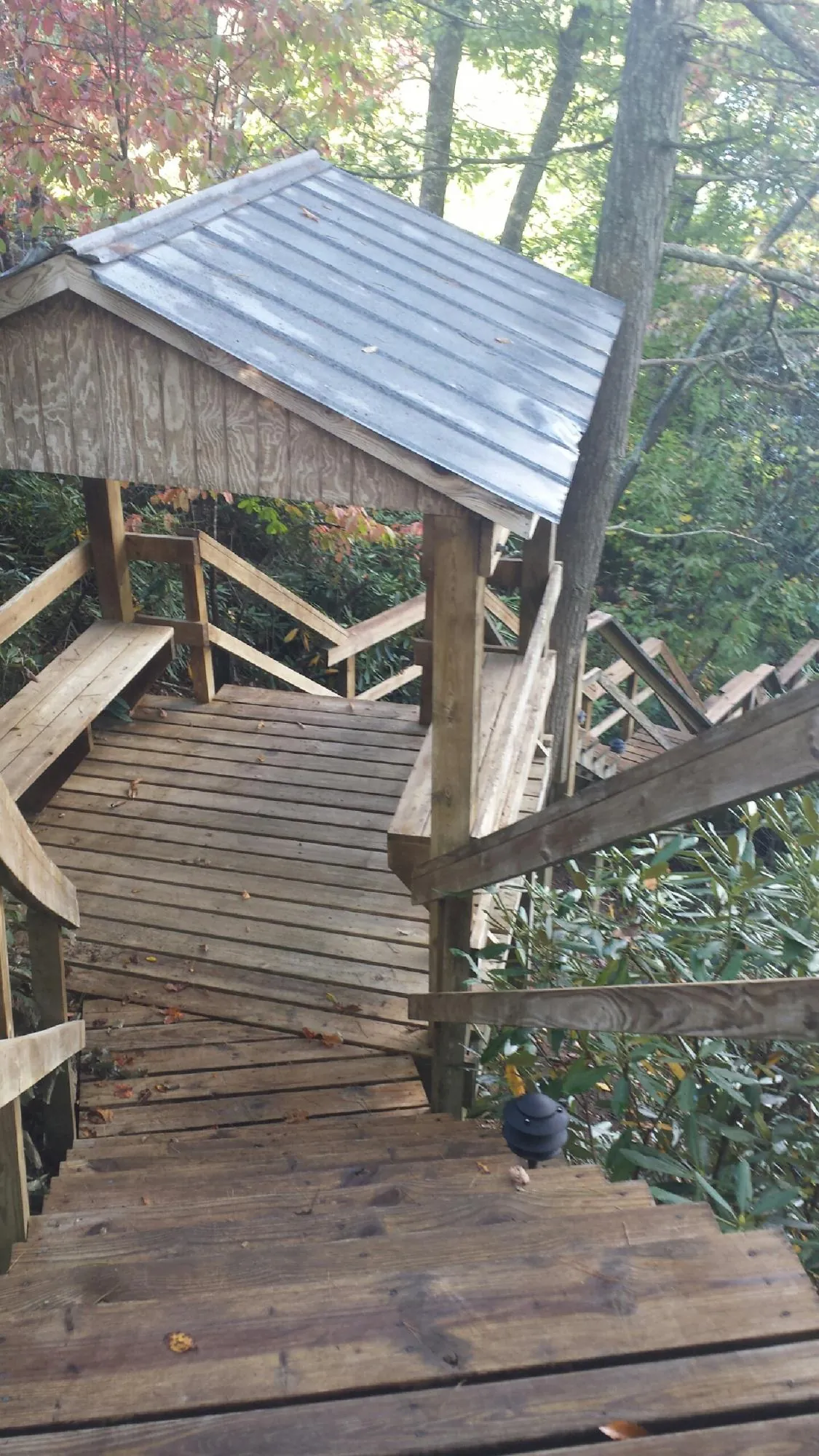 Metal roofed shelter over wooden steps on a wooded walkway — Skylight Repair & Installation work by our crew in Grand Blanc